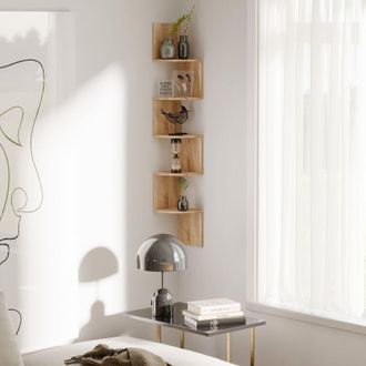 OEM Estanter&iacute;a Esquinera De Pared Con Separador Desmontable, Forma De Zigzag, 20 Cm De Largo X 20 Cm De Ancho X 126 Cm De Alto, 5 Niveles, Madera De Roble