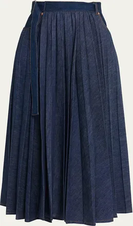 sacai Belted Pleated Denim Midi Skirt