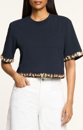Cinq &agrave; Sept Asa Sunflare Crystal Floral Detail Cotton Top in Navy at Nordstrom, Size X-Small