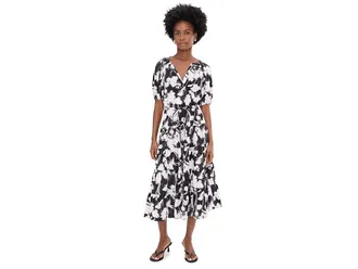 Calvin Klein Puff Sleeve Commuter Floral Tiered Midi Womens Dress Black White : 12, Polyester