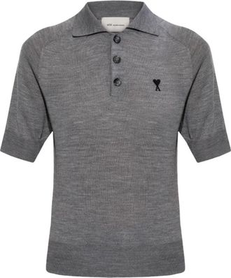 Ami (WMNS) AMI Tone-on-Tone Heart Logo Merino Knit Wool Short Sleeve Polo Grey Black FPL439-KN0039-0504