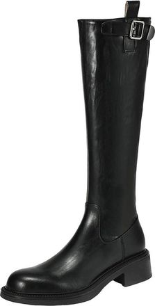 Generic Womens Cow Split Leather Round Toe Medium Heels Riding Boots Vintage Warm Winter Zip Knee-High Boots