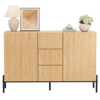 STILVORA Aparador Con 2 Puertas Y 1 Caj&oacute;n, Frentes Geom&eacute;tricos, Patas De Hierro, En Mdf, 115,5&times;40&times;76 Cm, Natural