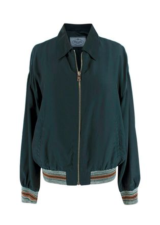 Prada Green Lightweight Bomber Jacket with Stripe Cuff Detail Size S