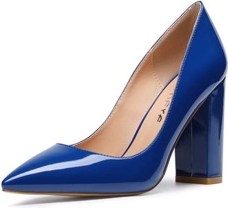 Castamere Womens Block Heels Pointed Toe Slip-On Court Shoes 4IN Heeled Patent Blue Pumps UK 3.5