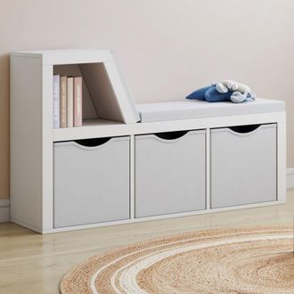 IDMarket Banco Librer&iacute;a Oscar 4 Compartimentos Con Cojines Grises Y Bandejas De Tela 102 Cm Blanco