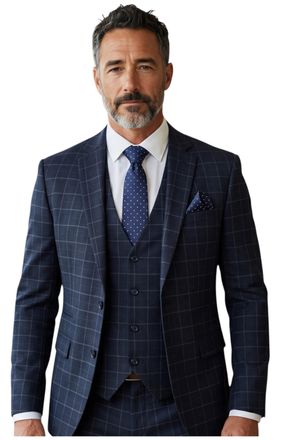 TruClothing Heren Navy Eens geruite 3-delige op maat gemaakte formeel werkpak - IM3
