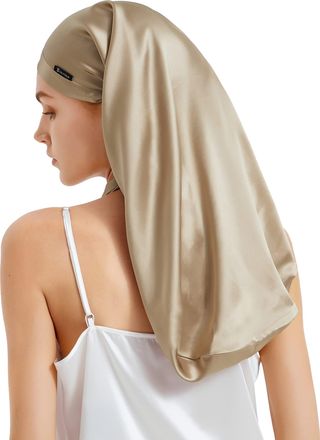 LilySilk Mulberry Silk Sleep Cap 100% 19 Momme Long Silk Bonnet for Curly Hair, Night Cap for Sleeping, Silk Hair Wrap for Women Taupe