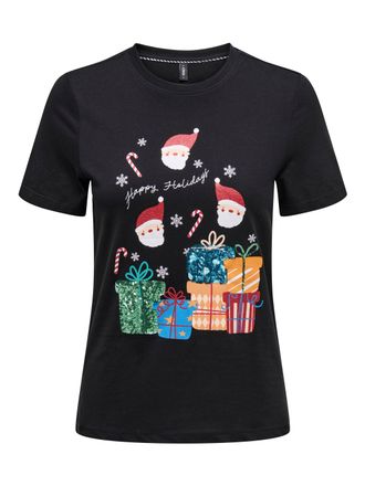 Only Rundhalsshirt ONLY ONLXMAS YRSA CHRISTMAS REG S/S TOP JRS, Damen, Gr. M, schwarz print:yrsa holidays, Single Jersey, Obermaterial: 100% Baumwolle, Run