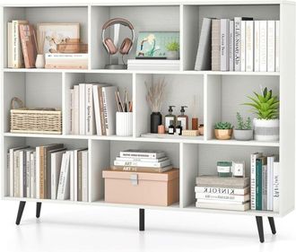 Costway Libreria a 10 cubi 140 x 24 x 107 cm, organizer con 5 gambe in metallo affusolate, ripiano con 2 kit anticaduta per salone, ufficio, bianco