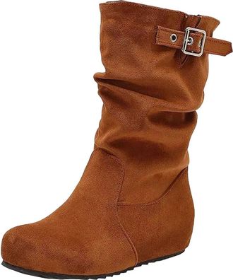Generic Womens Leisure Mid Calf Boots Round Toe Hidden Wedge Heel Slip On Design With Pleated Detail And Buckle Accent