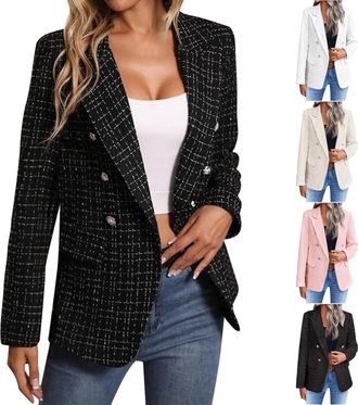 Generic Womens Tweed Blazers Business Notched Lapels Double Breasted Jackets Casual Long Sleeve Open Front Work Suits Fashion 2026 Boyfriend Houndstooth Patte