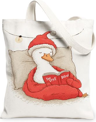 Generic Christmas Duck Canvas Tote Bags, Cute Bird Pattern Reusable Grocery Bags, Winter Cozy Lightweight Washable Shoulder Strap Canvas for Travel Beach Picn