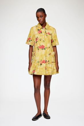 Ganni Vibrant Yellow Dress in Printed Denim - Size 34 Organic Cotton