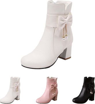 Generic Womens Ankle Boots Ladies Chunky Block Heel Cute Sweet Bow Booties with Side Zipper Fall Winter Round Toe Lightweight Walking Short Booties White