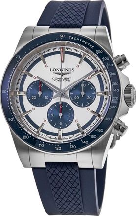 Longines Conquest Automatic Chronograph Silver Dial Blue Rubber Strap Mens Watch L3.835.4.98.9