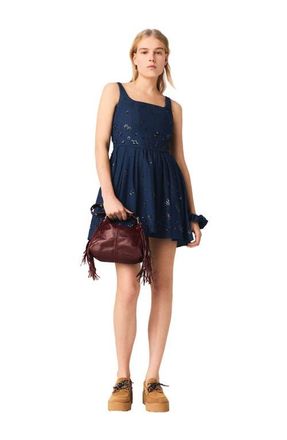 Maje Flared embroidered denim dress in Navy at Nordstrom, Size 36 Eu