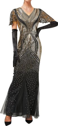 Generic 1920s Dresses for Women Flapper Dress Vintage Sequin Fringe Fancy Dress Party Prom Dress (032B-Gold, XXL)