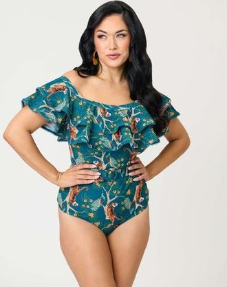Unique Vintage Off Shoulder Nantucket Swimsuit in Teal Tiger Print at Nordstrom, Size X-Large