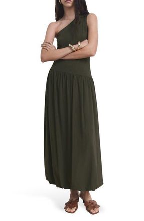 Mango One-Shoulder Bubble Hem Midi Dress in Khaki Green at Nordstrom, Size 0