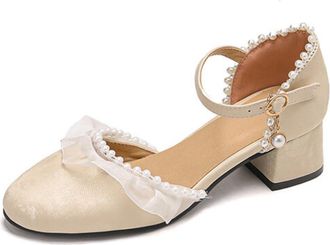 Generic Womens Round Toe Pumps Satin Upper Adjustable Ankle Strap Pearl Ruffled Chiffon Charm Block Heel Cushioned Insole Anti-Slip Durable Sole,Beige,2.5 UK