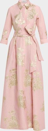 Teri Jon Metallic Floral Jacquard Shirt Gown
