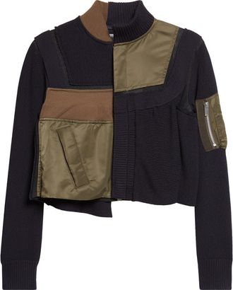 sacai Patchwork Mixed Media Crop Jacket in Dark Khaki/Navy at Nordstrom, Size 2