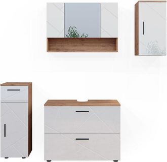 Vicco Conjunto De Muebles De Ba&ntilde;o Irma, Blanco Brillo Intenso/roble Dorado, 4 Piezas