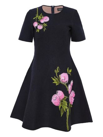 Oscar De La Renta floral-embroidered short-sleeve mini dress - Blue