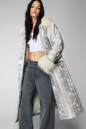 NASTY GAL Snake Print Shearling Trim Longline Aviator Coat