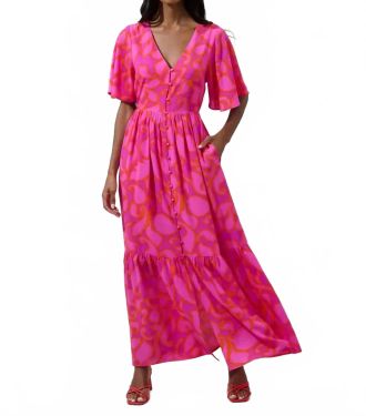 Sugarlips Inara Floral Evianna Button Down Flutter Maxi Dress In Magenta Multicolor