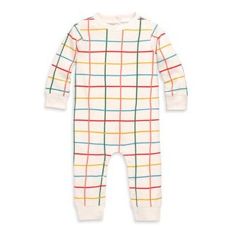 primary Baby Sweatshirt Romper In Rainbow Grid in Oat Multi Grid at Nordstrom, Size 18-24M