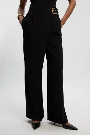 Karen Millen Tailored Crepe Buckle Trousers in Black at Nordstrom, Size 10
