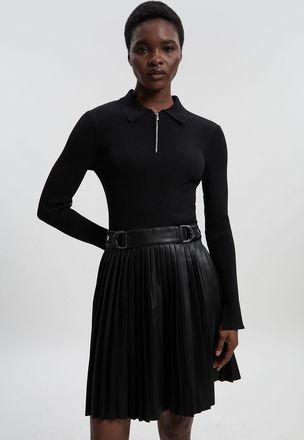 Karen Millen Womens Knitted Zip Neck Pu Mix Pleated Mini Dress - Black Viscose - Size X-Small