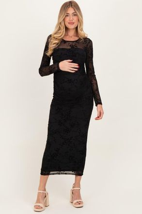 Pinkblush Floral Flocked Mesh Long Sleeve Midi Dress in Black at Nordstrom, Size Medium