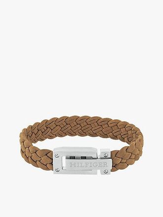 Tommy Hilfiger Logo Embossed Brown Suede Braided Bracelet