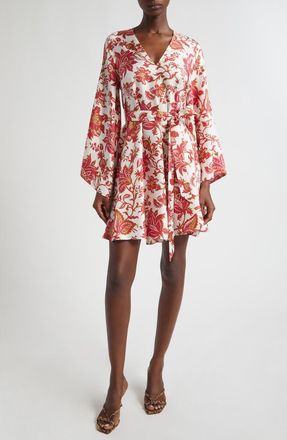 Etro Floral Print Long Sleeve Silk Dress in Print On White Base at Nordstrom, Size 12 Us