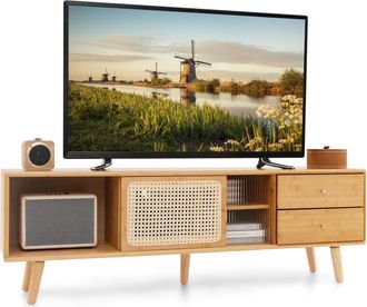 Costway Costway Mueble De Tv De Bamb&uacute; Para Tv De Hasta 65 Pulgadas, Mesa De Consola Con Puertas De Cristal Y Pe Rattan, Gabinete De Tv Con 2 Cajones Y Puertas