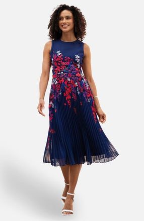 Yumi Printed Pleated Midi Dress in Navy at Nordstrom, Size 14