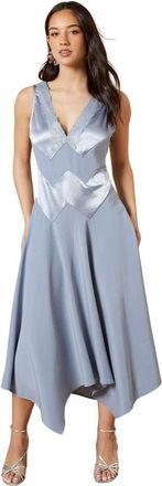 Oasis V-Neck Mesh Asymmetric Midi Dress in Blue at Nordstrom, Size 10
