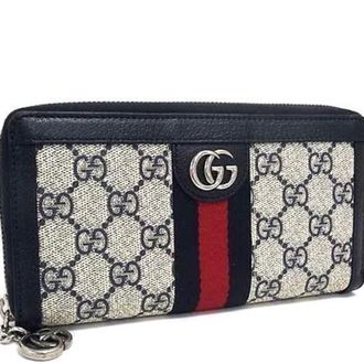 Gucci Gg Supreme Beige Navy Pvc Leather Long Wallet (Bi-Fold) (Pre-Owned)