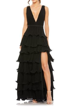 Mac Duggal Sleeveless Ruffle Tiered V Neck Gown in Black at Nordstrom, Size 12