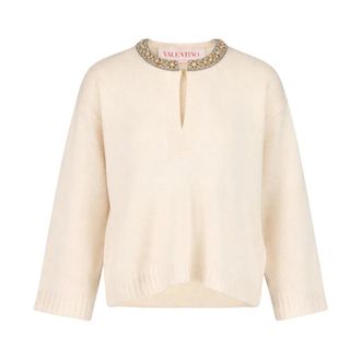 Valentino Garavani Round-neck Knitwear, female, White, Size: XS Round-neck Wool Sweater