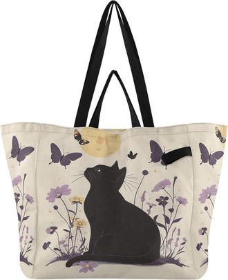 Generic Purple Butterfly Cat pattern Reusable Canvas Tote Bag, Heavy Duty Grocery Shopping Bag with Large Capacity Hard Bottom Double Handles Work Groceries T