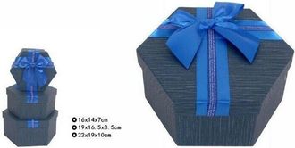 Trade Shop Trade Shop - Set 3 Pezzi Scatole Box Per Regali Varie Misure Esagonali Blu Con Fiocco 69352