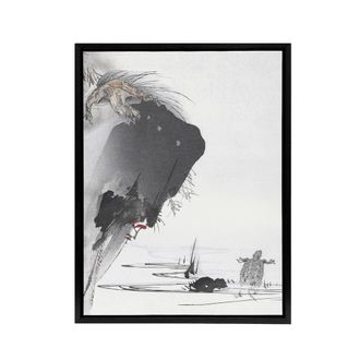 Artery8 Two Turtles 1890 Ink Painting Framed Canvas Wall Art Print Tsukioka in Grey | Size: W24 x H32