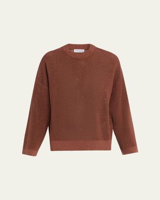 Brunello Cucinelli Metallic Cotton Diamond Stitch Crewneck Sweater