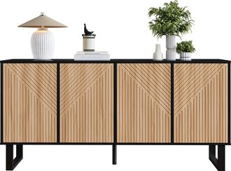 STILVORA Mueble Tv Con 4 Puertas Y Nichos Abiertos, Frente 3d A Rayas, Estilo Moderno, En Mdf, 160&times;38&times;75 Cm, Negro Natural