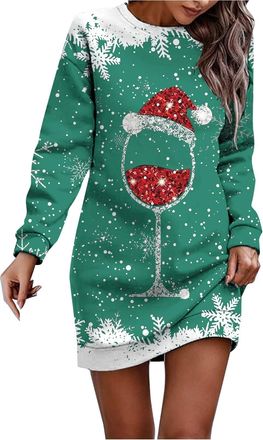 Generic Christmas Party Dresses Women Ladies Long Sleeve Round Neck Xmas Graphic Print Jumper Dress Winter Casual Dress