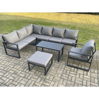 Fimous Fimous Aluminium Garden Furniture Set Outdoor Indoor Lounge Corner Sofa Chair Oblong Coffee Table Sets with Big Footstool Dark Grey